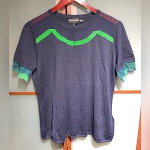 Emporio Armani Navy Blue & Green Silk Sheer Panel Knit Top Blouse 12 US 46 IT